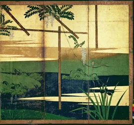 Wisteria em flor (caneta e tinta, cor, papel dourado no painel) (ver 216563)